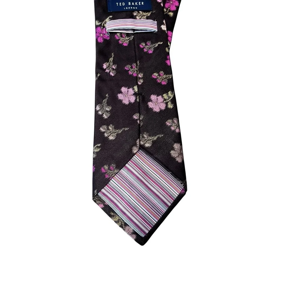 Ted Baker London Men's Silk Necktie Brown Pink Flowers Floral Made‎ In USA